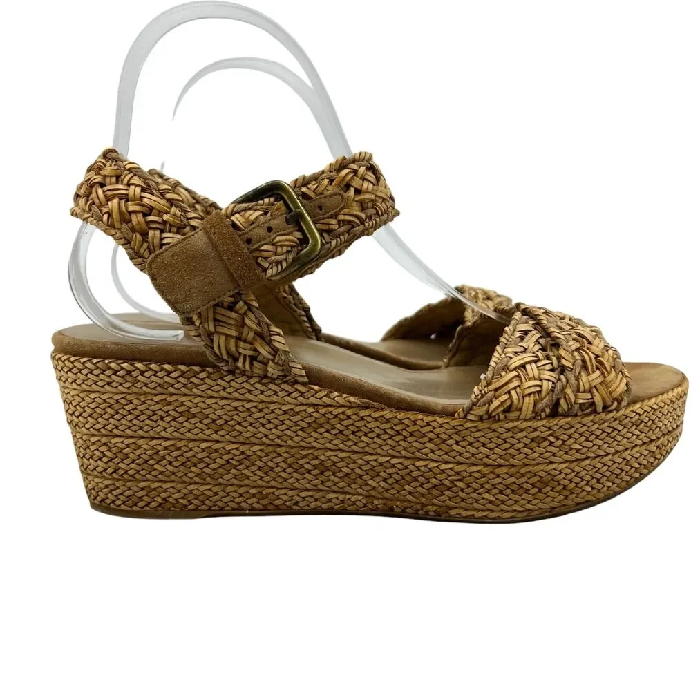 Stuart Weitzman Womens 7.5 Sandals Camel Crochet Braid Wedge Espadrille Platform
